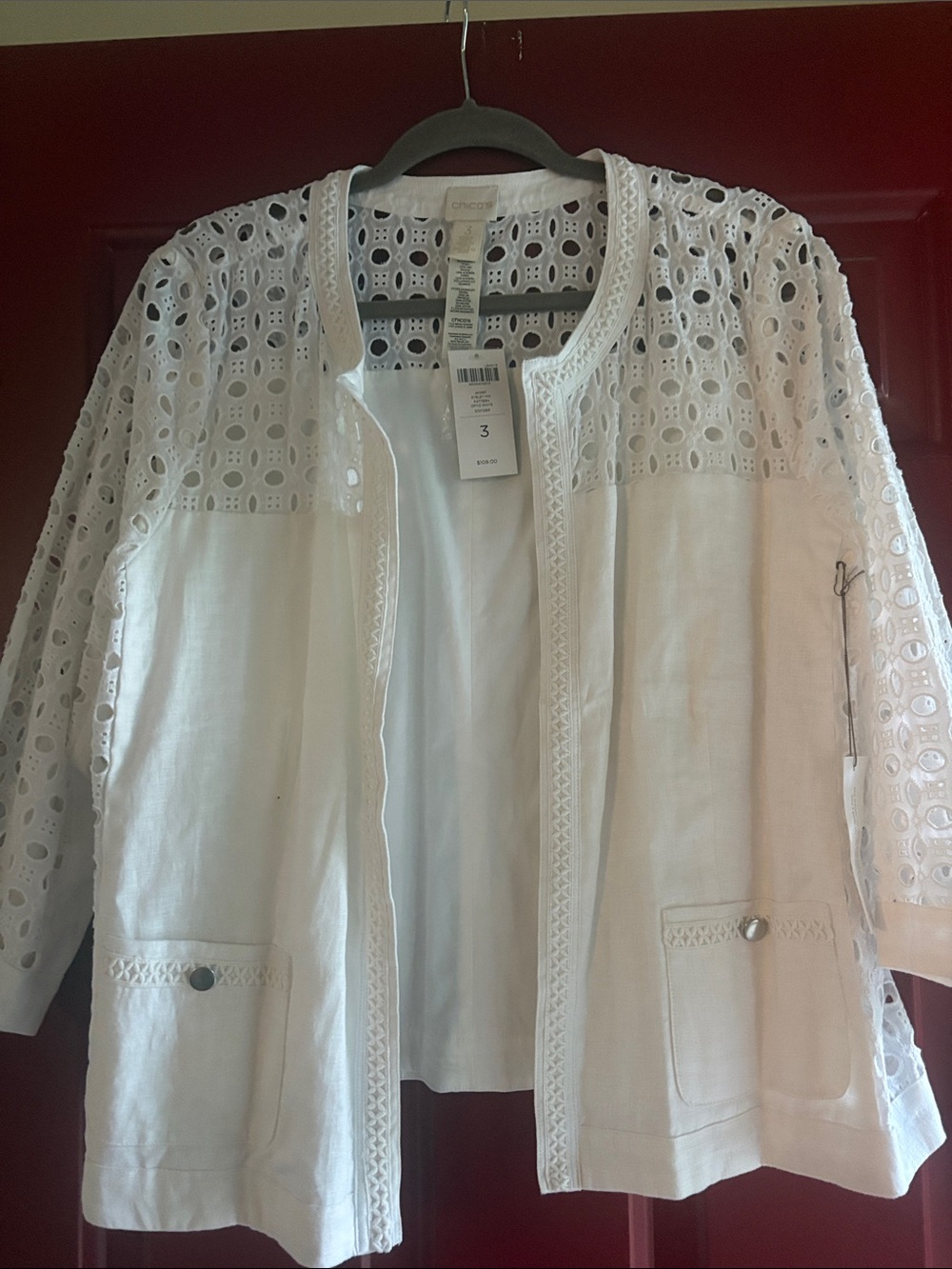 New Chico's Optic White Eyelet Mix Panel Open-Front Jacket Size 3